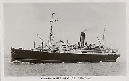 rms scythia,Antigua postal del ocean liner editada por Cunard
