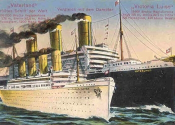 Postal comparando el SS Vaterland con el Victoria Louise