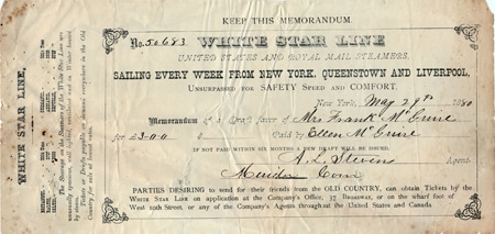 Memorandum (Recibo) de la White Star Line de la segunda mitad del siglo XIX