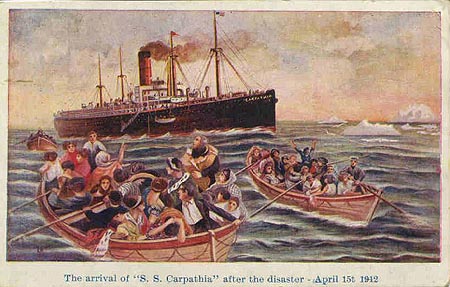 El rms carpathia llega al rescate de los supervivientes del Titanic