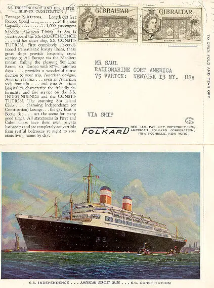 Postal del SS Independence sellada en Gibraltar en un viaje de nueva York a Italia