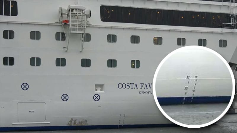 Símbolos en el casco de un barco de crucero calado