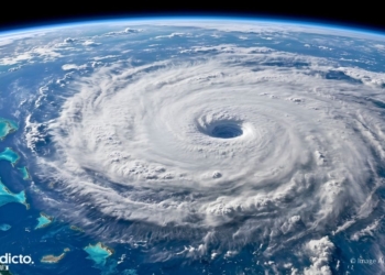 Huracán sobre el mar Caribe visto desde el espacio, con el ojo en el centro de la espiral de nubes