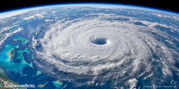 Huracán sobre el mar Caribe visto desde el espacio, con el ojo en el centro de la espiral de nubes