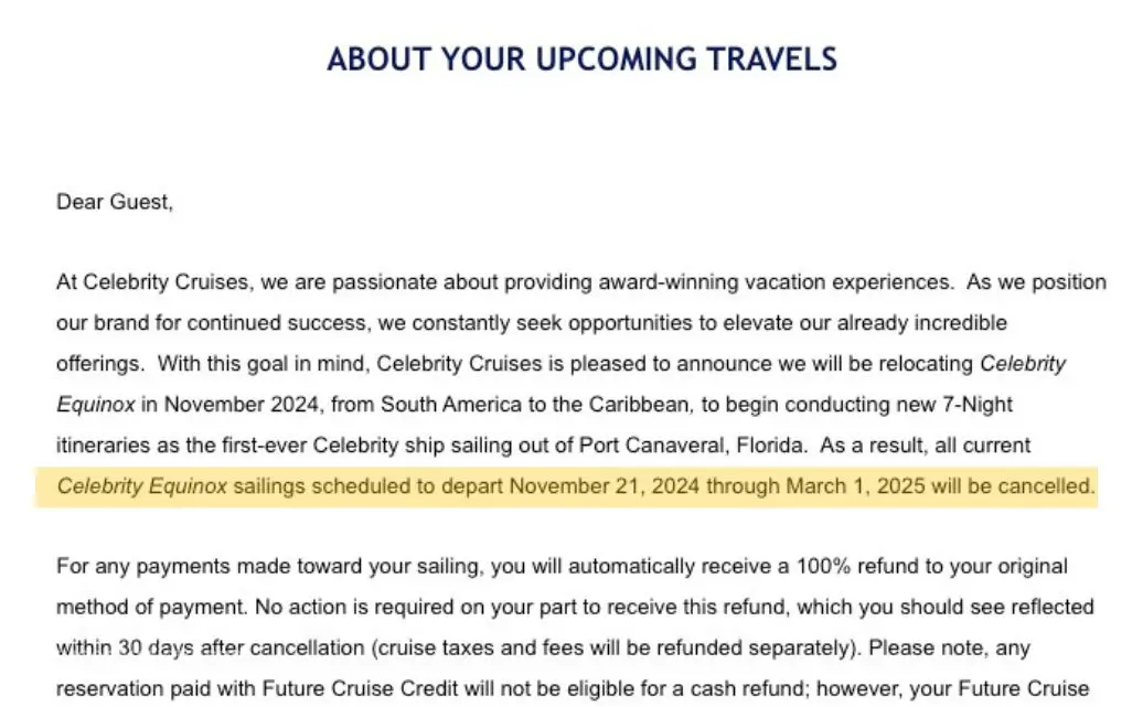 Celebrity Cruises cancela la temporada 2024-25 en Sudamérica