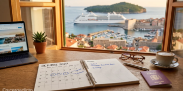 Calendario de octubre de 2027 con fechas marcadas para reservar un crucero, junto a una ventana con vistas a un barco de cruceros en un puerto del Mediterráneo