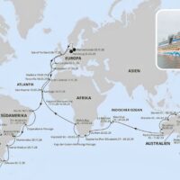 Mapa de la vuelta al mundo 2028-2029 del AIDAmar de AIDA Cruises, con una foto del barco