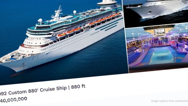 TELETIPO de noticias de Cruceros 14 Captura del anuncio de venta en YachtWorld del antiguo Majesty of the Seas, con el barco navegando y su piscina, por 40.000.000 de dólares