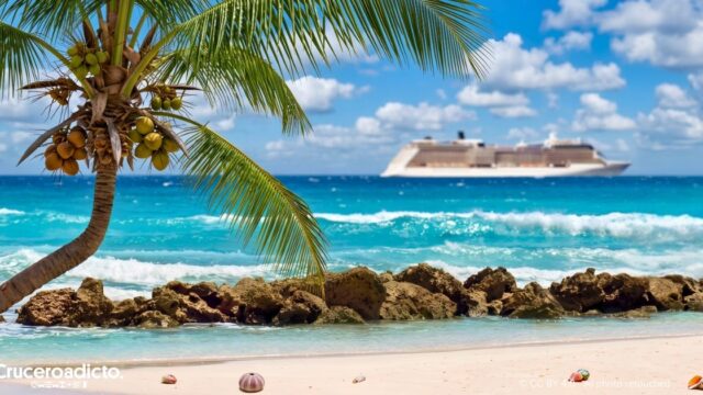 TELETIPO de noticias de Cruceros 19 Un barco de crucero navegando frente a una playa caribeña con palmera, rocas y mar turquesa