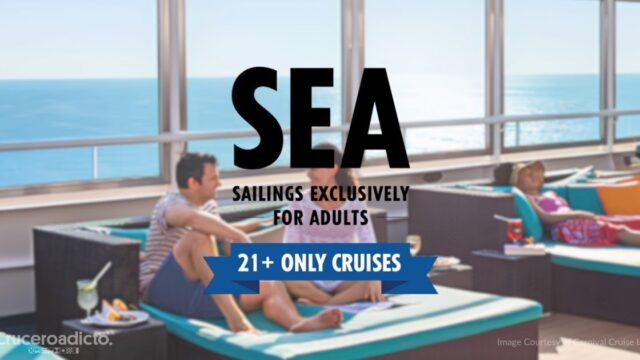 Viajeros adultos descansando en una cubierta de Carnival con el rótulo de los cruceros SEA, solo para mayores de 21 años