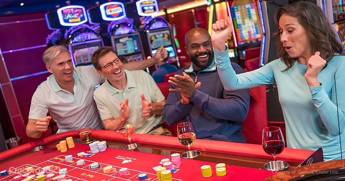 Viajeros celebrando una jugada en una mesa de ruleta del casino de un barco de Carnival Cruise Line, con máquinas tragaperras al fondo. Cortesía de Carnival Cruise Line.