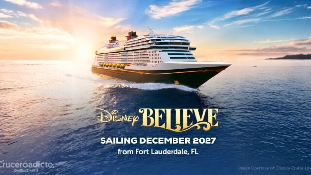 TELETIPO de noticias de Cruceros 19 Recreación del Disney Believe navegando al atardecer con el rótulo Sailing December 2027 from Fort Lauderdale