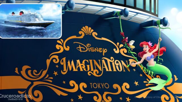 TELETIPO de noticias de Cruceros 12 Recreación de la popa del Disney Imagination con su nombre, el puerto de Tokio y Ariel y Sebastián, junto a una ilustración del barco navegando