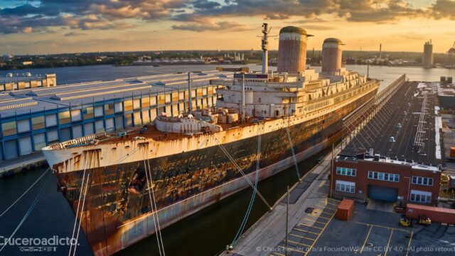 El SS United States oxidado y amarrado en el muelle 82 de Filadelfia, con sus dos chimeneas, al atardecer