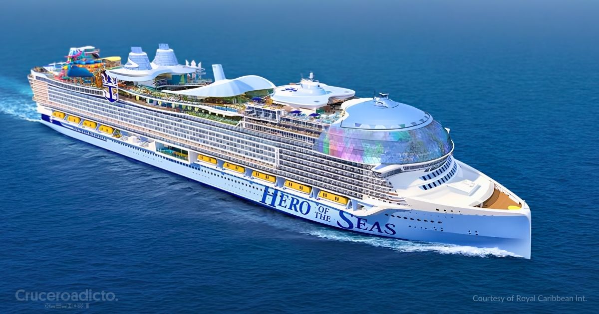 Recreación del Hero of the Seas de Royal Caribbean navegando en mar abierto, con la cúpula de cristal AquaDome en la proa y el parque acuático en la popa. Cortesía de Royal Caribbean International.