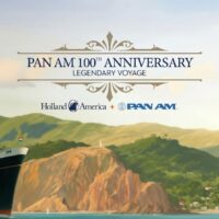 Ilustración del crucero por el centenario de Pan Am, con un barco de época y un hidroavión Clipper frente a una costa tropical