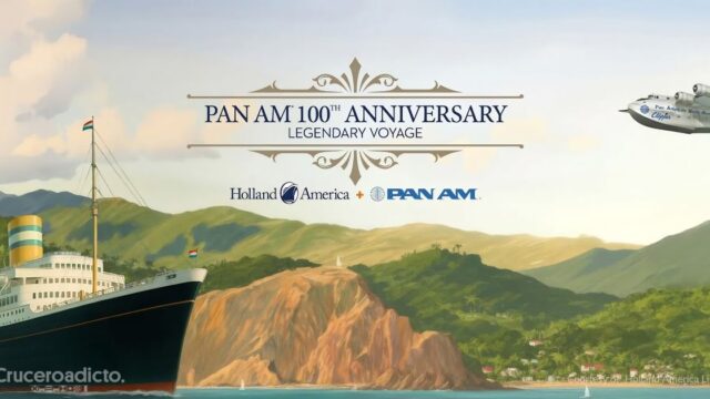TELETIPO de noticias de Cruceros 20 Ilustración del crucero por el centenario de Pan Am, con un barco de época y un hidroavión Clipper frente a una costa tropical