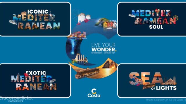 Cartel de la temporada Live Your Wonder de Costa Cruceros con las propuestas Iconic Mediterranean, Mediterranean Soul, Exotic Mediterranean y Sea of Lights