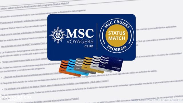 Logotipos del MSC Voyagers Club y del programa Status Match con las tarjetas de sus seis niveles, sobre una captura del aviso de cierre en la web de MSC
