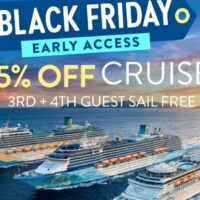 Cartel del Black Friday anticipado de Margaritaville at Sea con un 65% de descuento y tres de sus barcos navegando al atardecer
