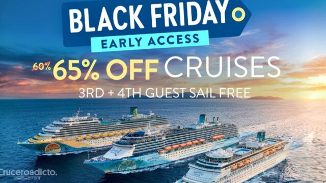 Cartel del Black Friday anticipado de Margaritaville at Sea con un 65% de descuento y tres de sus barcos navegando al atardecer