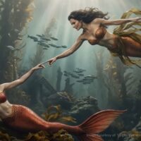 Dos sirenas, una pelirroja y otra morena, se tienden la mano bajo el agua en una imagen de la serie Mermaid Origins de Virgin Voyages