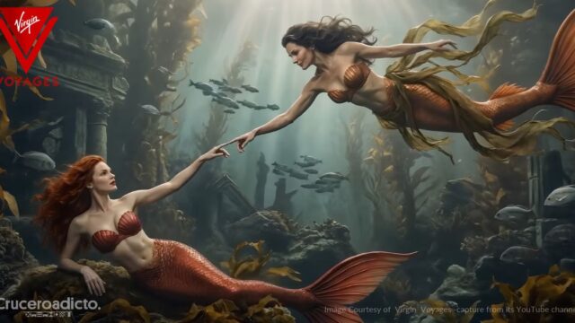 Dos sirenas, una pelirroja y otra morena, se tienden la mano bajo el agua en una imagen de la serie Mermaid Origins de Virgin Voyages