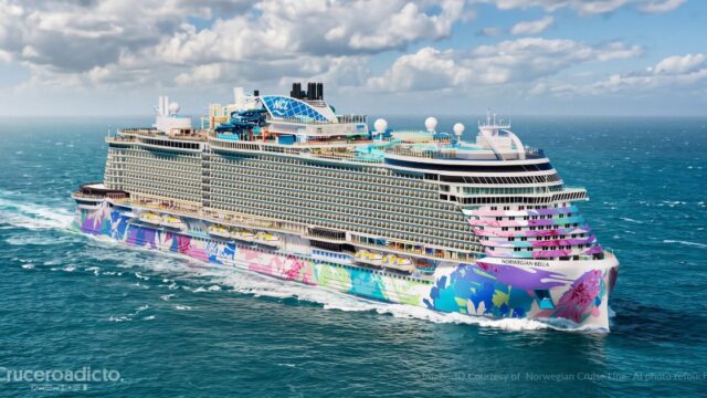 TELETIPO de noticias de Cruceros 18 Recreación 3D del Norwegian Bella navegando, con el casco decorado con flores de colores