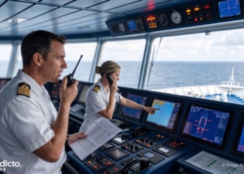 Oficiales en el puente de mando de un crucero