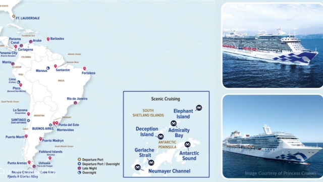 TELETIPO de noticias de Cruceros 13 Mapa de la temporada de Princess Cruises en Sudamérica 2028-29, con la Antártida en navegación panorámica, junto a fotos del Majestic Princess y el Coral Princess