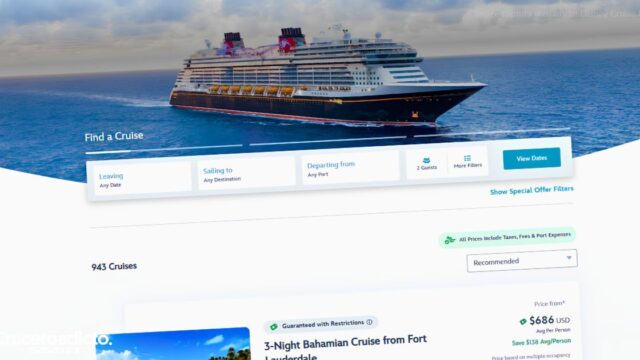 Captura de la web estadounidense de Disney Cruise Line con un crucero de tres noches por las Bahamas desde Fort Lauderdale a 686 dólares de media por persona