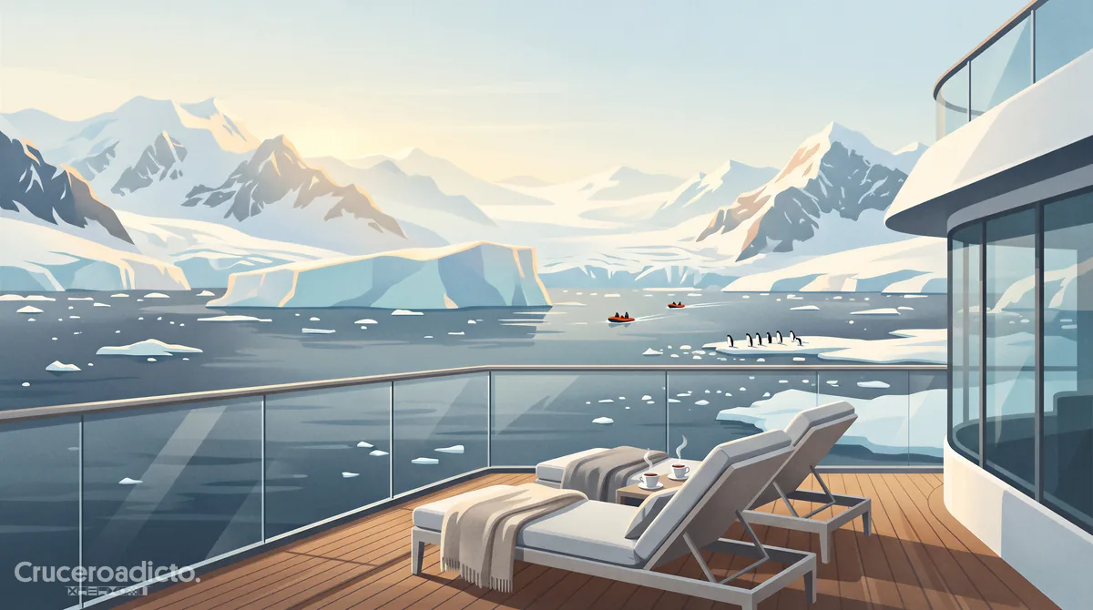 Terraza de un barco de expedición frente a glaciares, icebergs, zódiacs y pingüinos