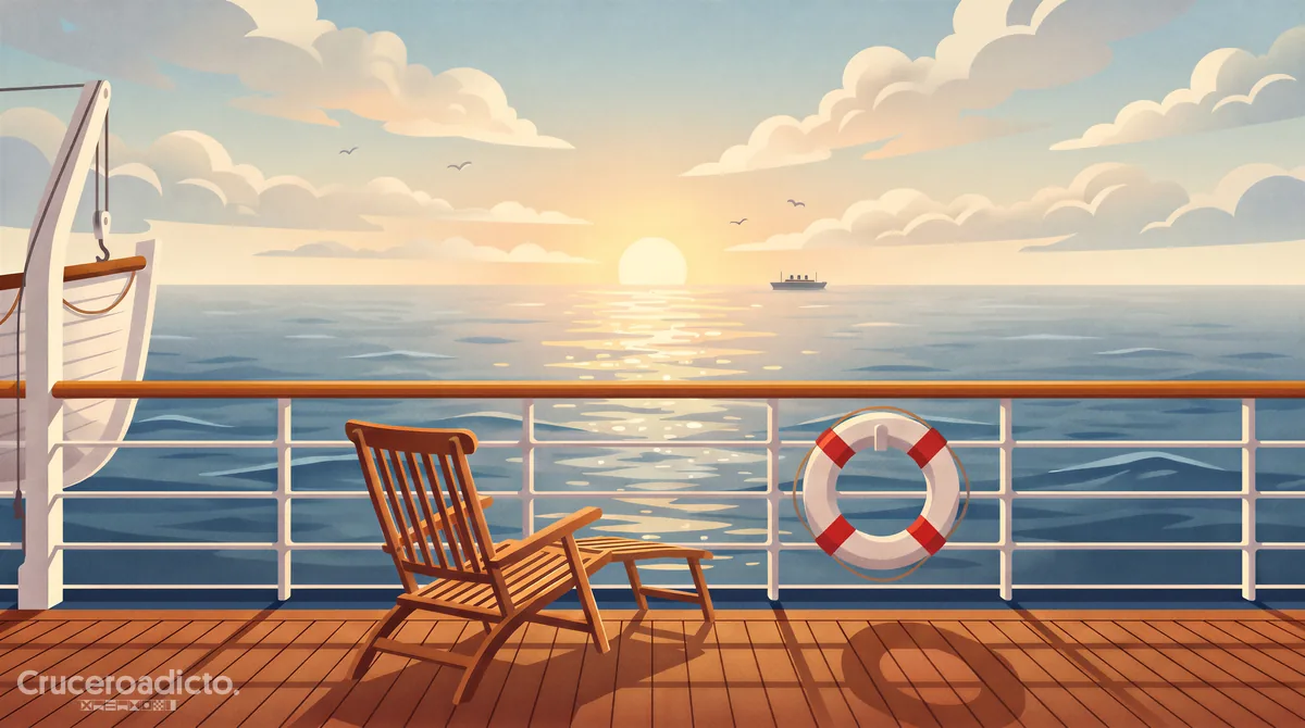 Cubierta de teca de un crucero en alta mar al atardecer, con tumbona y salvavidas